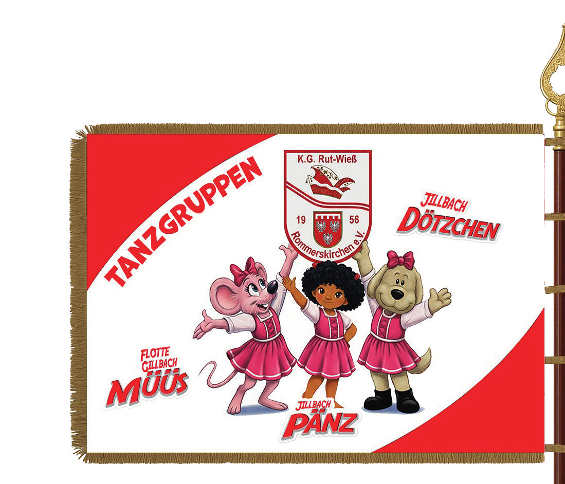Die neue gemeinsame Fahne der Jillbach Dötzchen, Jillbach Pänz und Flotten Gillbach Müüs