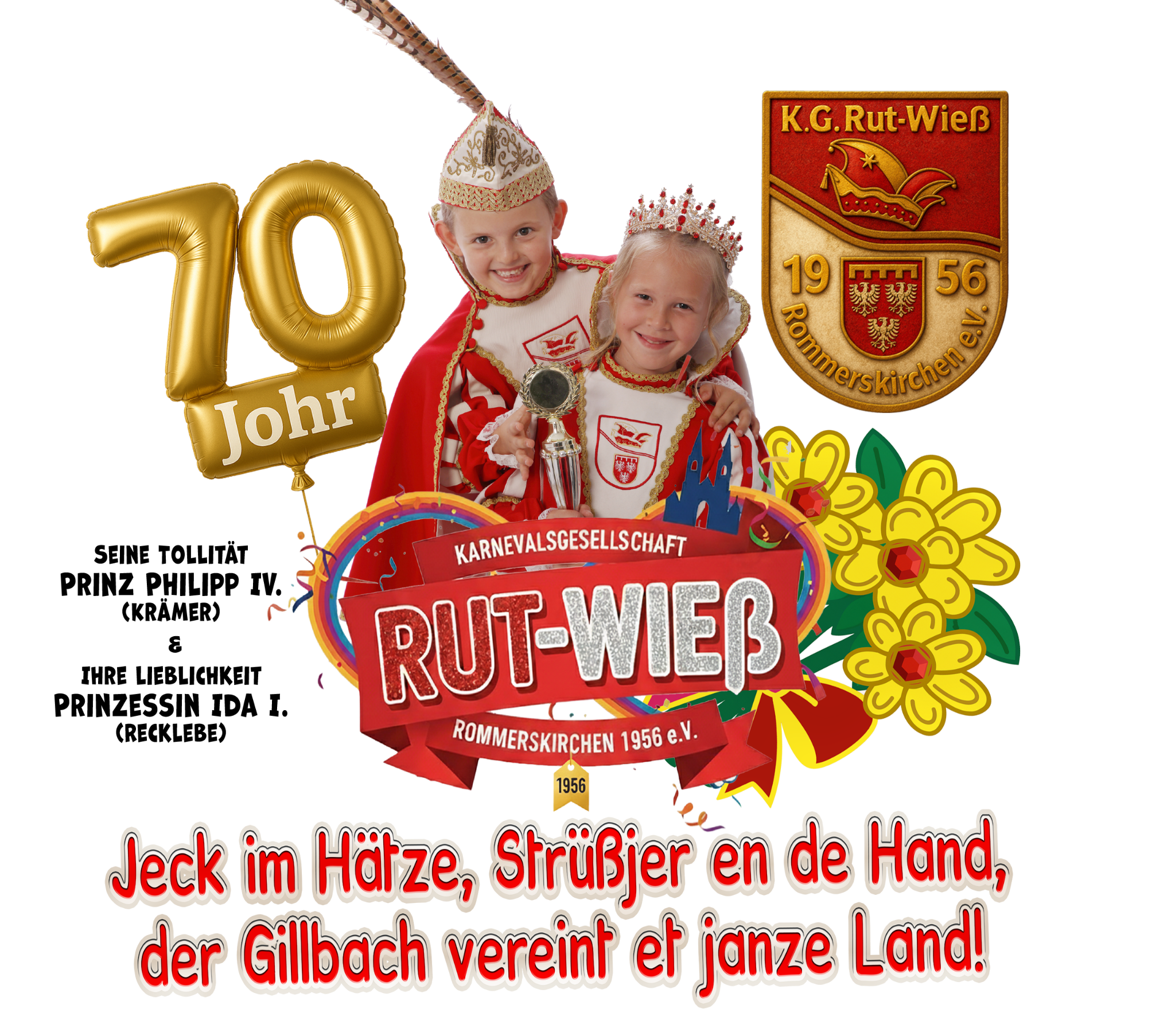 Prinz Philipp IV. Krämer und Prinzessin Ida I. Recklebe in der Jubiläumsgrafik zu 70 Jahre KG Rut-Wieß